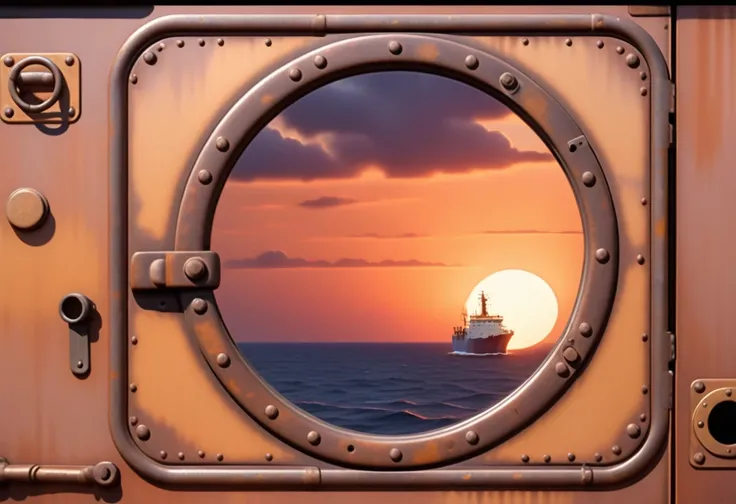 rusty ship deck, ship metal door, closed metal door, round window, twilight, masterpiece quality, ultra HD, 4K, best quality