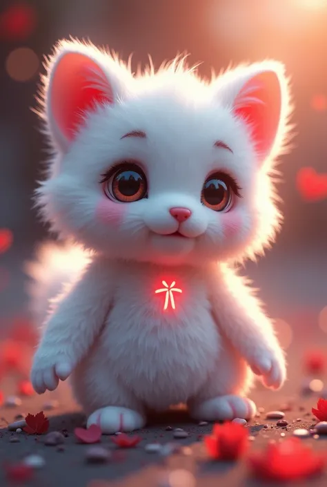 furry, white fur, ultra cute face, red elements on fur, glowing t-shrt, beautiful lights and shadows, ambient light, ultra detailed fur, volumetric light