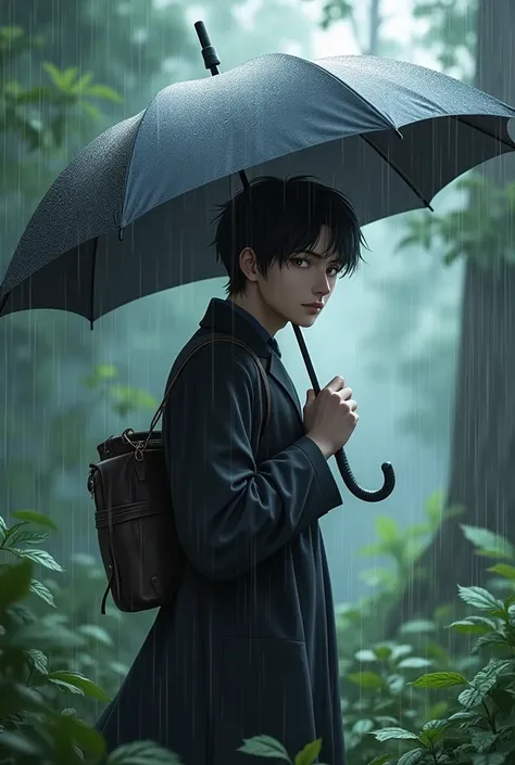 create a realistic image of a man in the rain with black hair and a book hairstyle, carrying umbrella in hand with nature