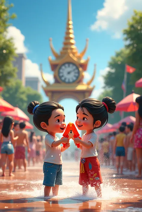 Hello, Thai Songkran tradition. Today is April 13, 2024. Today is a holiday. Buakan and Buen, two other people, invited each other to go play Songkran water at the city of Battalung at the roundabout of the crown-shaped clock tower. The atmosphere was full...