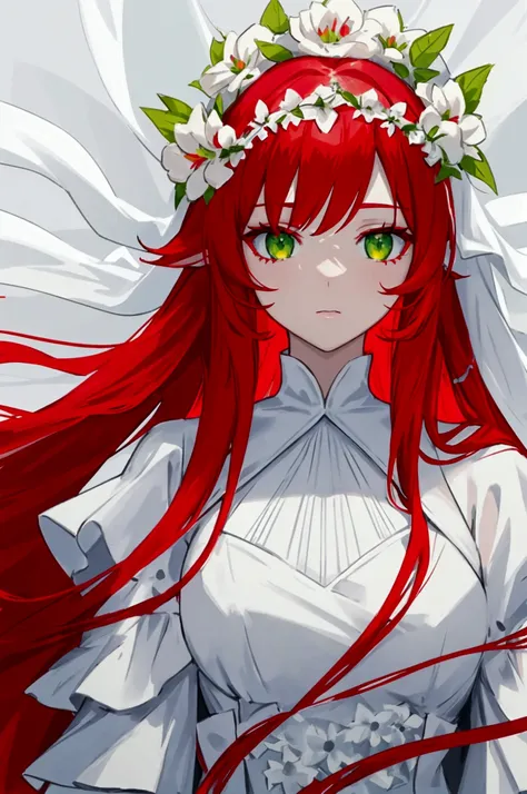 long red hair, neon green eyes, All white dress with white flower details, white flower crown, white aura with red