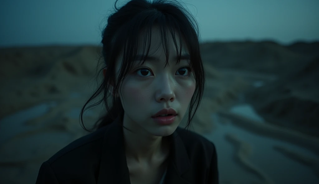 front close up face of a beautiful scared asian woman black eyes looking into the void of the horizon at night in an apocalyptic desert full of mud at night realistic 4k HD