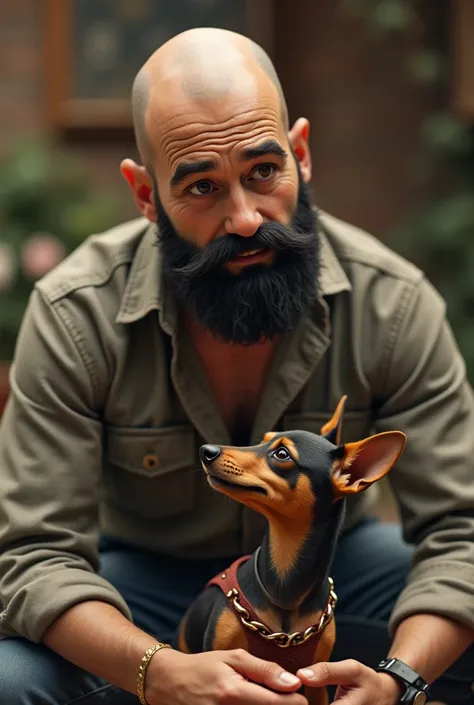 bald man with black beard with small pinscher dog playing with the beatles

