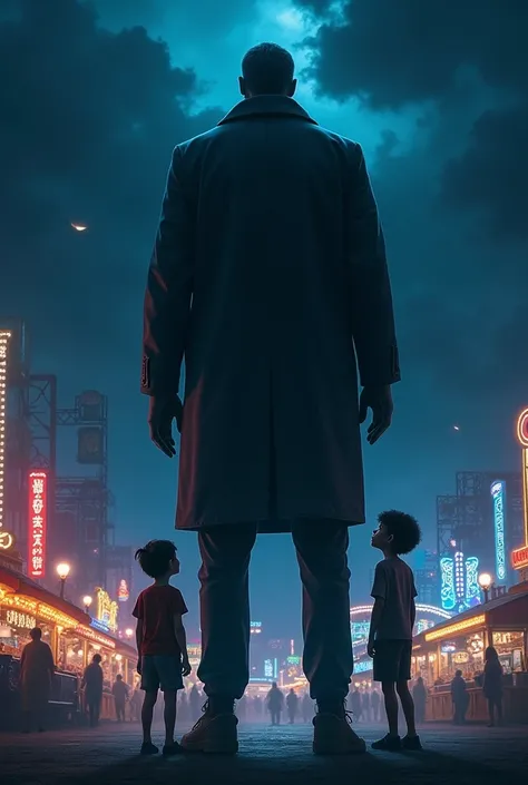 Two boys and a girl standing in front of a nighttime amusement park with a tall man in front of them terror 