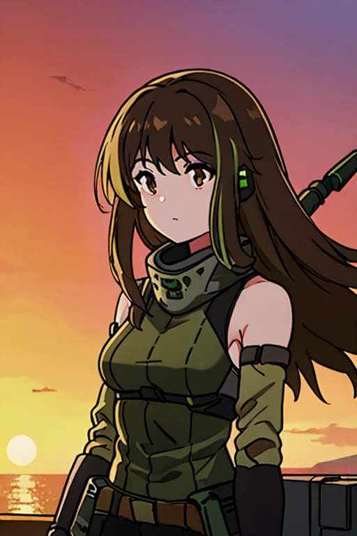 ((Highest quality)), ((masterpiece)), (detailed), One girl, Medium breast, Brown Hair, brown eyes, one green strand of hair, M4A1 (Girl Frontline), sunset background 