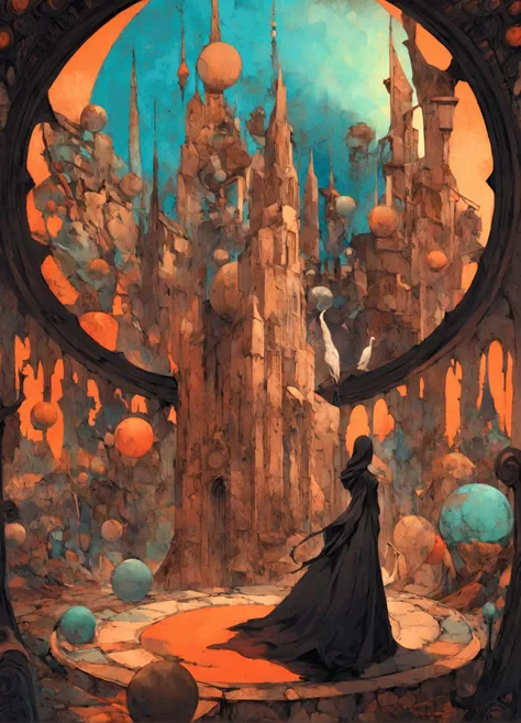 Peculiar and surreal artwork featuring a series of elements such as Gothic-style towers, a big clock, and floating spheres against a richly textured background. The palette is dominated by earthy tones with hints of blue and orange, creating a dynamic and ...