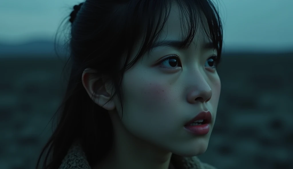 front close up face of a beautiful scared asian woman black eyes looking into the void of the horizon at night in an apocalyptic desert full of mud at night realistic 4k HD