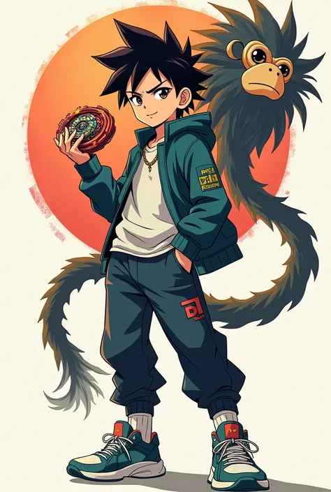 Boy in stylish outfit modern shoes holding a beyblade and with the symbol of a Japanese monkey king Japanese spirit behind him, anime style