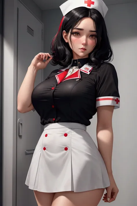 woman black hair, Wearing a nurse&#39;s uniform, short uniform,white skirt, sexly, showing thighs, white uniform, with red details. nurse uniform with neckline, showing part of the bra, hospital scene, fully body, blushed face, shy, ashamed