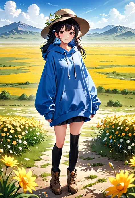 Highest quality、Masterpiece、High resolution、One Girl、Baggy hoodie、traw hat、boots、Standing in the steppe、Higan flowers are blooming