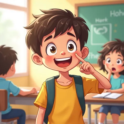 Cartoon school kid pointing his eye with his finger