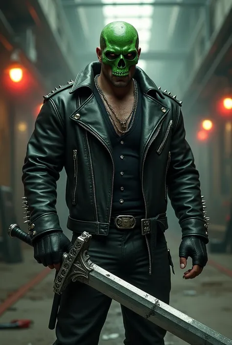 biker man with black leather clothes, spikes on his shirt, strong muscular and tall and is wearing a green skull mask and is holding a sword