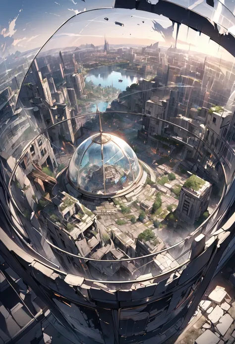 A destroyed city in the center a large glass dome, Seen from the top 