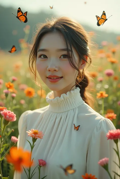 Best quality, masterpiece, ultra high res, (photorealistic:1.4), raw photo, 1girl, white dress high neck ,blossom flower field, many of butterfly, glowing skin, light smile