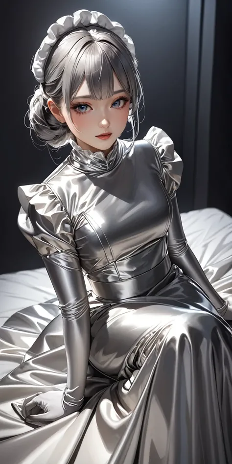 Portraiture、(masterpiece,Highest quality,Ultra-high resolution),Japanese women, (((Very beautiful 2 girl)))、(She is wearing a shiny light metalic silver satin long sleeve maid outfit..)、The dress has a simple design without any patterns....、(((A long skirt...