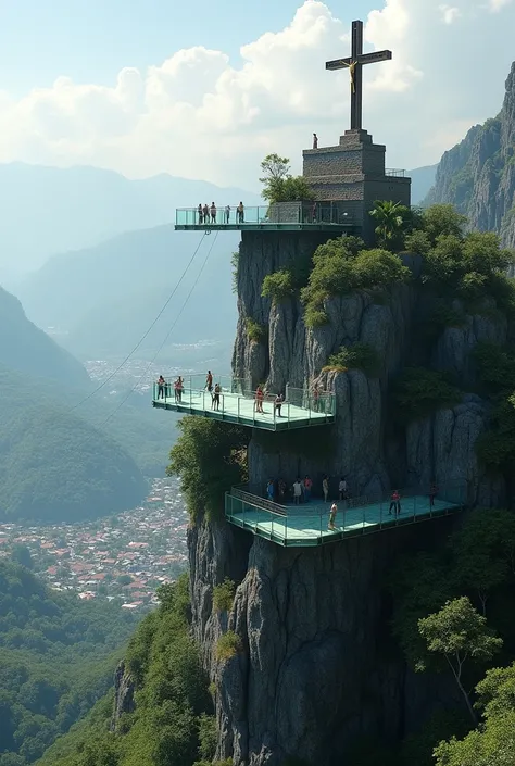 mountain cerro tecana santa ana el salvador with a cross at the top build a tourist center with two glass viewing points with a zip line with people throwing themselves higher up the viewing points on the hill completely transparent glass viewing points ne...