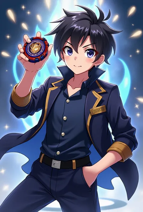 Boy with a stylish outfit and modern shoes holding a small beyblade with the symbol of a beyblade galman and the spirit of the bit beast behind him, anime style