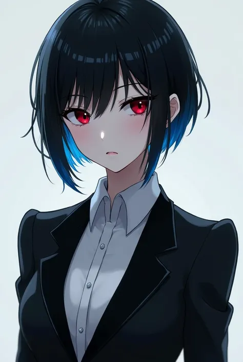 A white-skinned woman with short black hair with blue tips, a red iris and black sclera, and wears an anime-style tuxedo. 