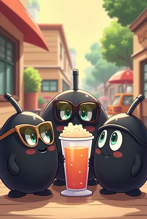 Several black Bob-ombs with a fire wick on their heads wearing glasses drinking a slush cocktail and in a white styrofoam cup with a subtle smile with the name of an establishment called WEEKEND 