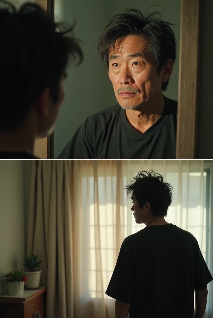 8k, RAW photo, best quality sparse hair Japanese middle-aged man A man worried in front of the mirror, same person in room with morning sunlight touching my hair sadly