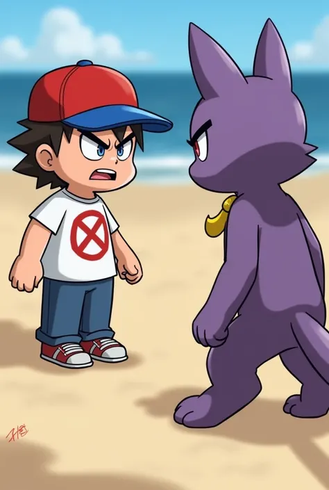  I created an image of a red cap with a blue brim, white shirt with a red forbidden on it, he is short, he is on the beach next to a humanoid cat, purple with a moon necklace, they are posing really cool, They are very angry because his mother is naked