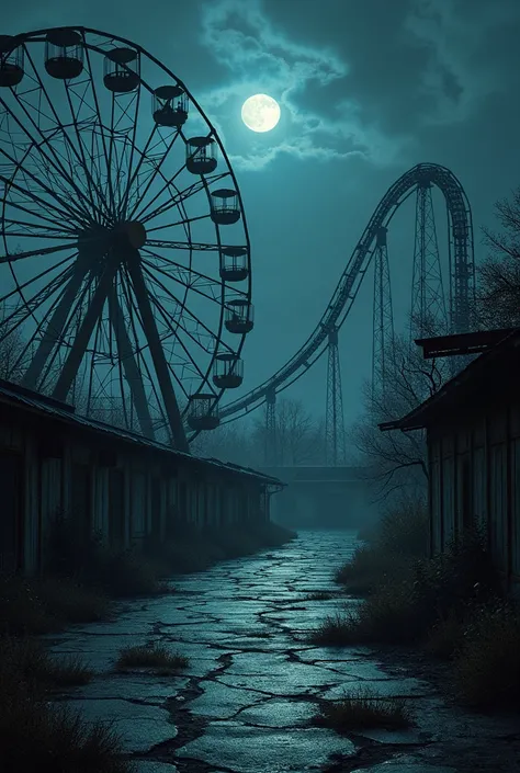 Ferris wheel and roller coaster in an abandoned amusement park at night 