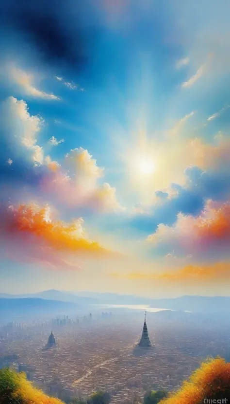 Majestic Sky, Fluffy Clouds, shining sun rays, Calm blue atmosphere, a sunny day, The cityscape spreads out below, A higher perspective, Mysterious Light, Vast views, serene and peaceful mood, The natural scenery is fascinating, Endless Horizon, The magic ...