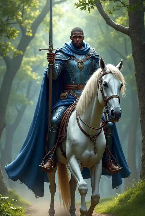 a Black man, stark, warrior in blue armor, in his left hand he holds a sword and in his right hand he holds a scale of justice, riding a white horse in the forest