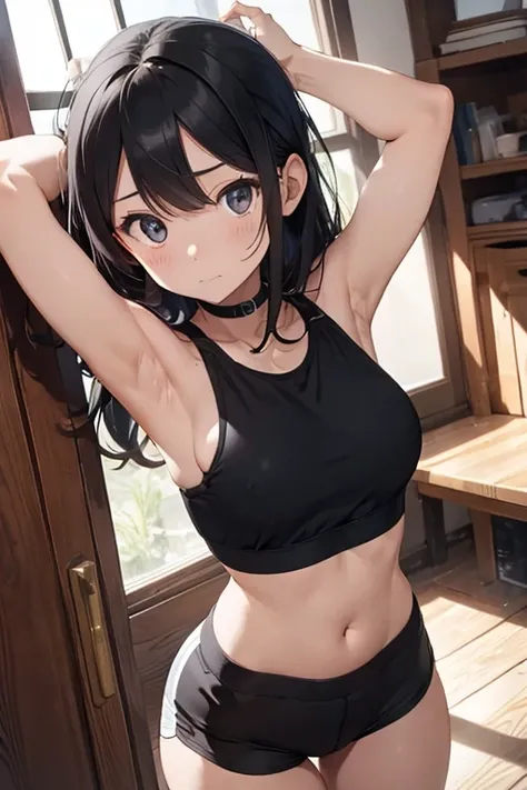 Old House、Tight black sports bra、Tight black sports shorts、Women、Shortcuts、Armpits