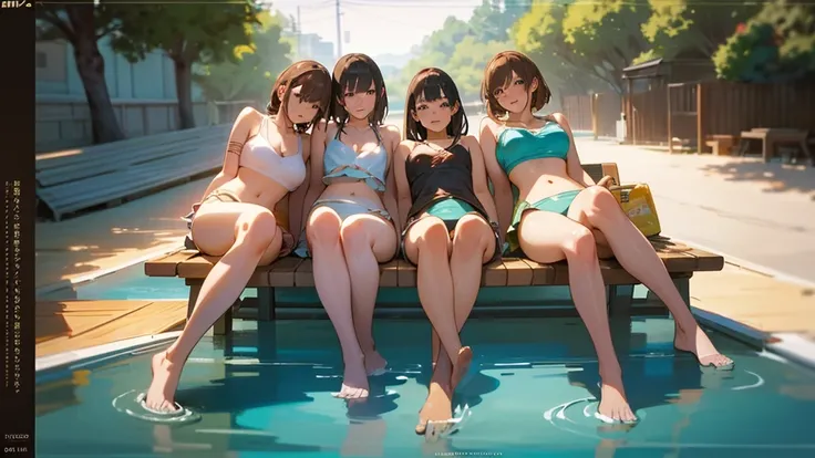 group of girls resting on their back, in a bench next to a pool, full body, dynamic poses, beach, ocean, sunset, beautiful detailed eyes, , warm colors, golden hour lighting, cinematic, photoreal, (best quality,4k,8k,highres,masterpiece:1.2),ultra-detailed...