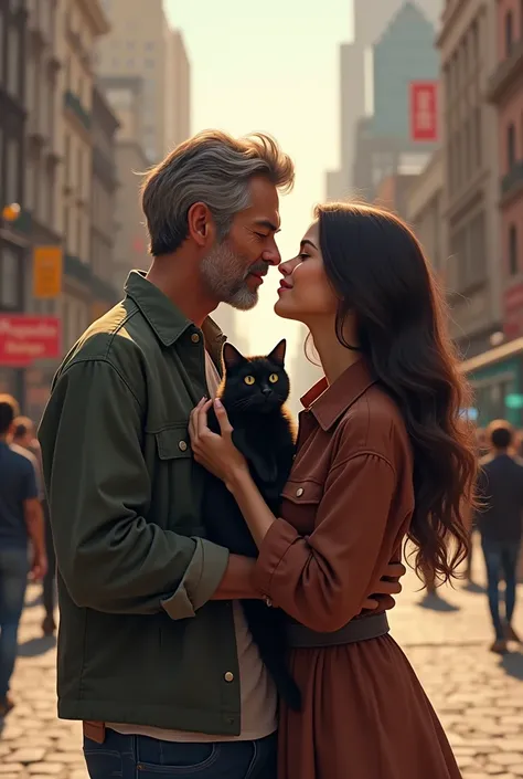 A man on the street who has his black cat with a pretty model next to him giving him a kiss 