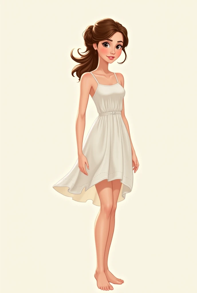 2d Animated princess leia barefoot a short white sleevless nightgown that reaches to her hips with her hair loose on her waist. Standing