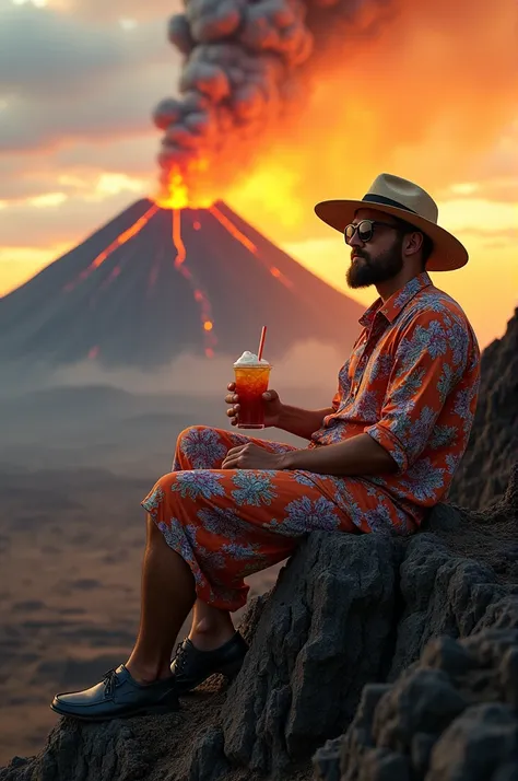 A man in womens dress sitting on volcano with coldrink realistic