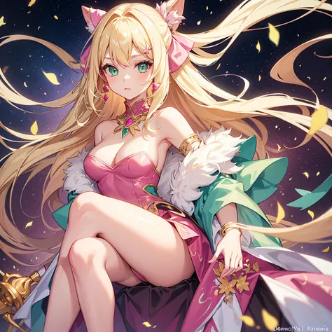 A girl blonde and pink highlights long hair green 
eyes long dress with a white fur coat demure anime beautiful sexy Best Quality, Jewelry, Hair Bow, Earrings, 