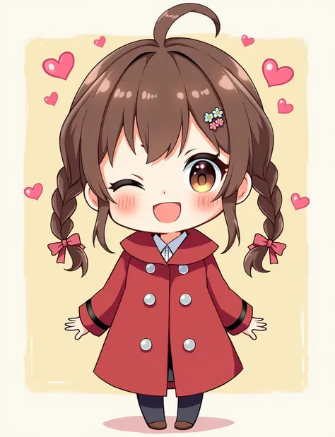 "A chibi-style illustration of a cute girl with wavy brown hair tied in two braids. She is smiling cheerfully, with a cheerful expression and winking one eye. She is wearing a red coat with decorative buttons and bows, and has hair accessories such as flow...