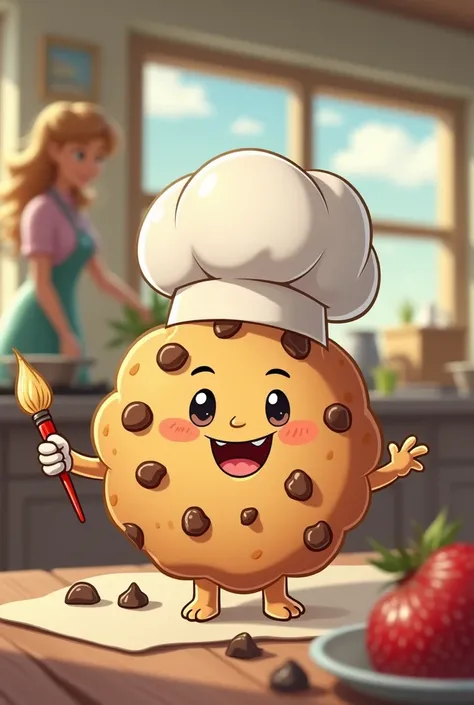 Make me a little cookie character sprinkled with chocolate chips who is annoying and likes to bother his mother when cooking, wears a chef&#39;s hat and has a hobby of painting.