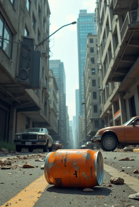 image of a crushed orange Japanese soda can on the floor of an alley in the center of a city with futuristic and abandoned concrete and glass buildings, Post apocalyptic environment, dirty rusty and burnt out cars and trucks on the street,  dirty debris on...