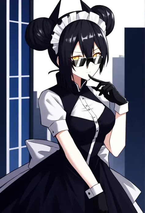 agent (girls frontline), gloves, long skirt, 1girl, Solo, AgentNormal,double bun,maid,sangvis ferri,yellow eyes, black hair, sunglasses, city, black heel boots