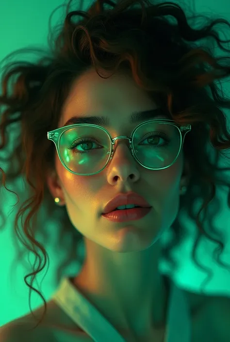 A woman of love, selective focus, Cores CMYK, vibrant and multidimensional, highlights in green and cyan colored hair, glasses with thick black frames.