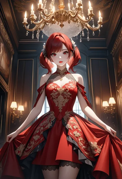 Ultra High Resolution 8k Octane、Dutch Golden Age painting in Octane、A girl stands alone in a room of a luxurious mansion wearing a gorgeous dress.、Girls、Red hair with twin tails、Very beautiful red eyes and lips、Highly detailed beautiful super realistic ski...