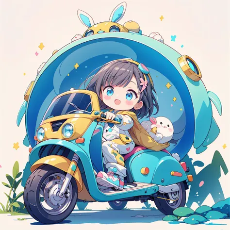 Perfect Anatomy、Highest quality、Masterpiece、Big goggles on your head、A cute, futuristic scooter in pastel colors、A cutely designed rider suit、White background、Poster,Blue rabbit costume、