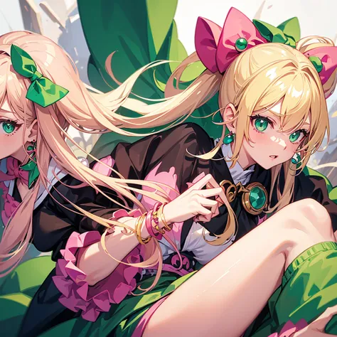 A girl blonde and pink highlights long hair green 
eyes greenpink ninja outfit demure anime beautiful sexy Best Quality, Jewelry, Hair Bow, Earrings, 