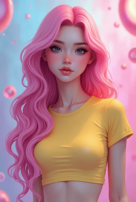 jelly art style, pink hair, black eyes, white skin tone, Yellow T-Shirt, long hair, grown woman