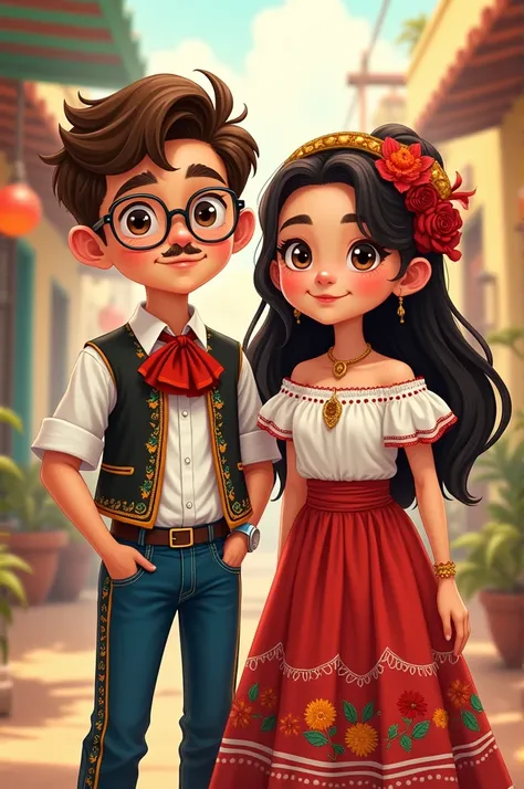 Illustration of white-skinned boy, Light brown hair, gold glasses, mustache, dressed in traditional Mexican costume, next to him a light brunette girl with dark brown hair, transparent lenses, traditional mexican dress