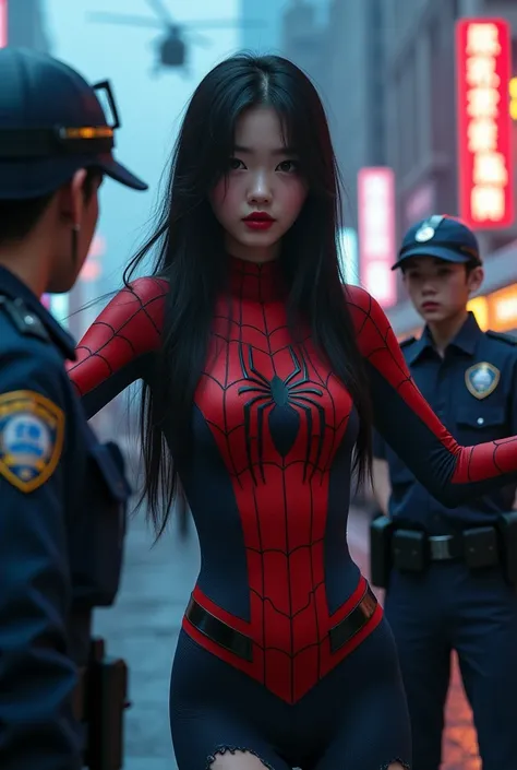 1 korean spectacle girl wearing torn spiderman costume,beautiful detailed eyes,beautiful detailed lips,extremely detailed eyes and face,long black hair,slim body,grabbing police officers,night city,police officers,police vehicles,flying helicopters,white l...