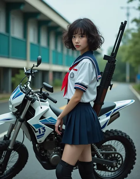 documentary photo, realistic, dramatic scene, very beautiful Japanese high school girl, bad girl, short curly-haired, standing side of a motorcycle, in front of Japanese high school, masterpiece, (face focus:1.3), clear helmet visor, beautiful eyes, white ...