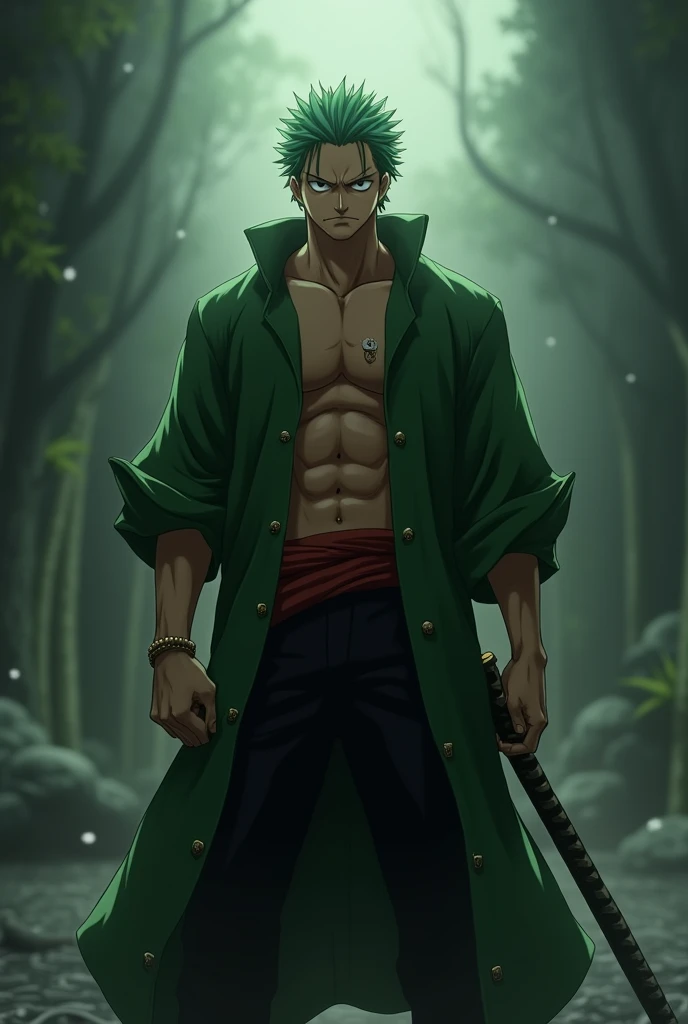 an ultra HD anime wallpaper for mobile of the character Zoro with his sword and a dark background