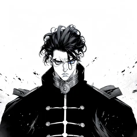 Boichi Manga Style,  adult((man)) 1 person, black & white, gray scale, handsome, Luxurious uniforms,black Knight Armor,black Knight Cloak((black wool, ผมblack,ผมสั้นblack((Quiff Hairstyles)), ((Masterpiece)), lips, blue eyes, ear, ผมสั้นblack ((Quiff Hairs...