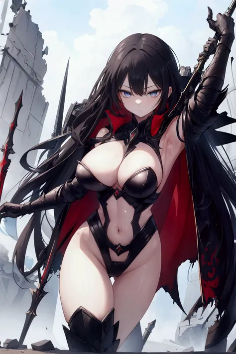 Waifu sexy, thin and very muscular, wearing dark armor, with big legs and four arms. In two arms he holds two revolvers and in the other two arms he holds a legendary spear.. The background is that of a destroyed battlefield