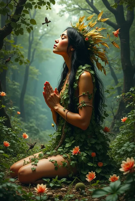 a native american women, represetnation of the mother nature, kneeling and praying with her eyes closed and with her head tilted slightly downwards, positioned towards the viewer, trees and some flowers sorrounding her, her body is entirely covered with a ...